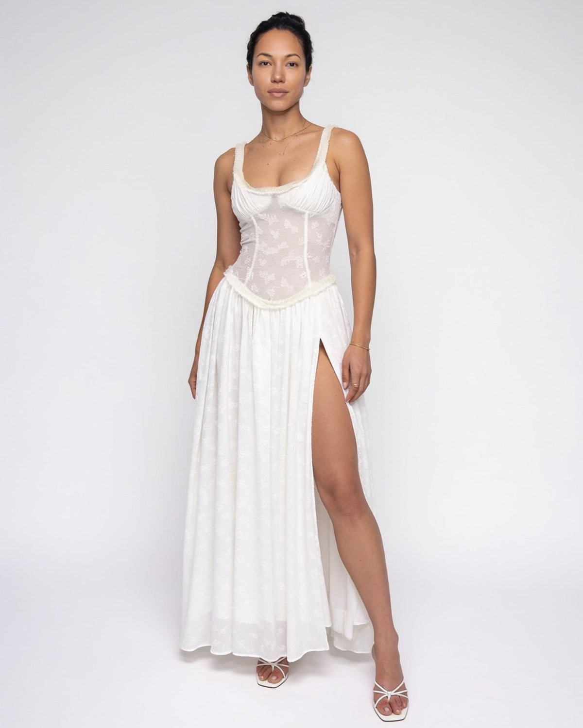 Floral corset slit maxi dress in White