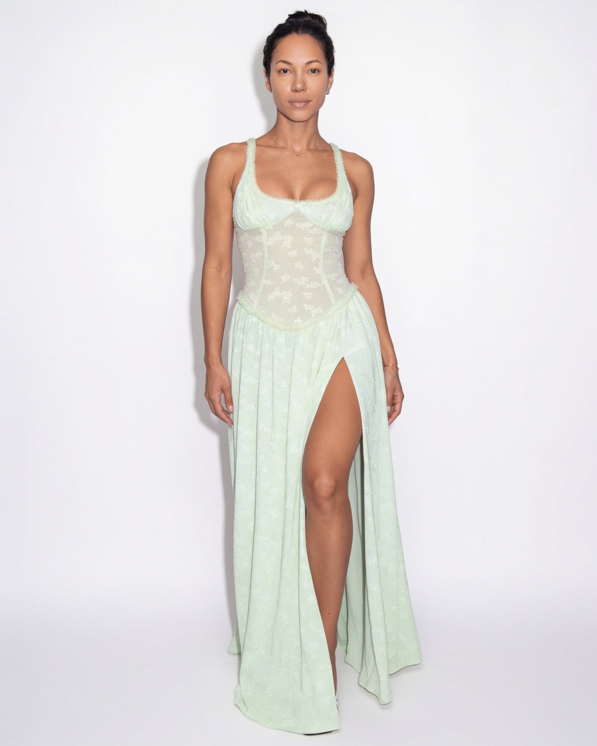 Floral corset slit maxi dress in Mint Green