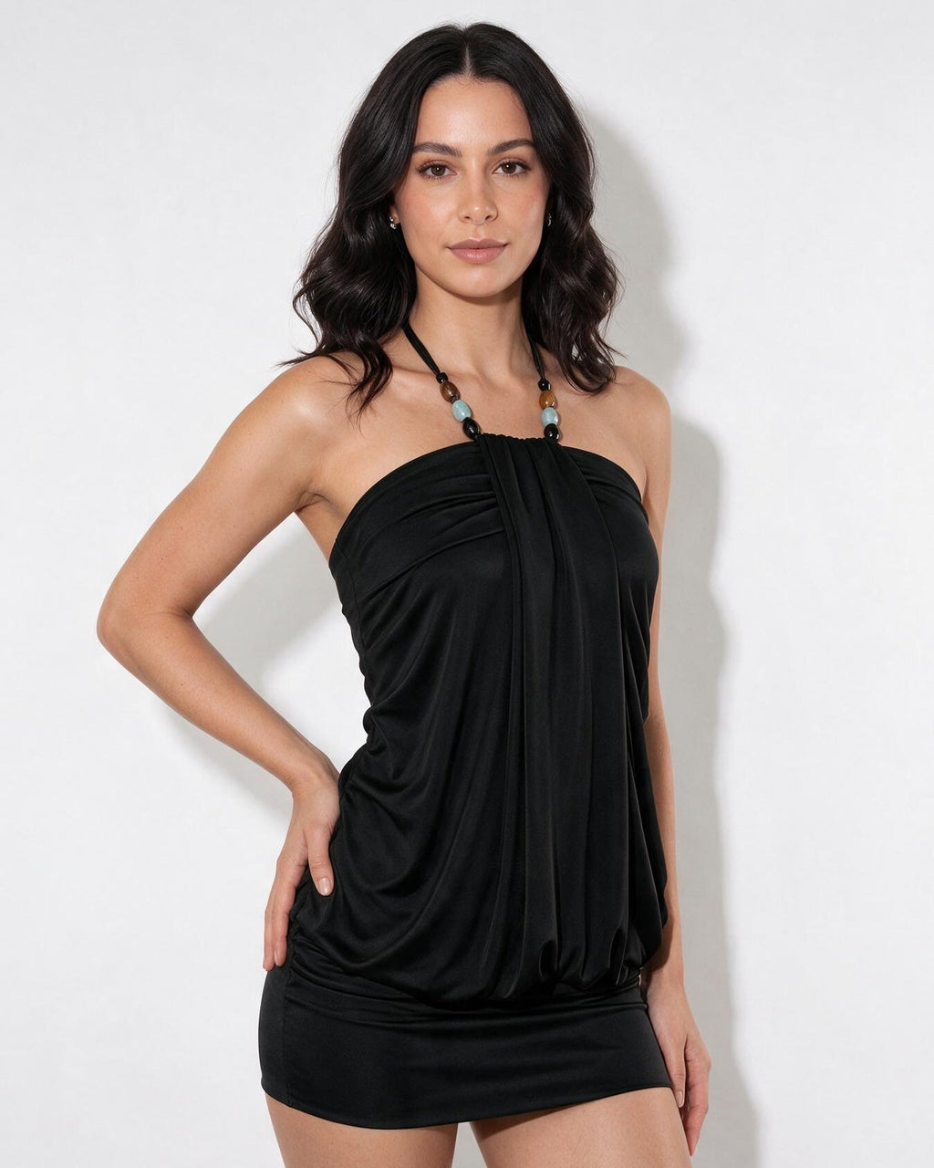 Beaded halterneck blouson mini dress, detail view 7