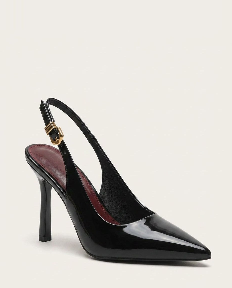 Patent slingback heel, detail view 1