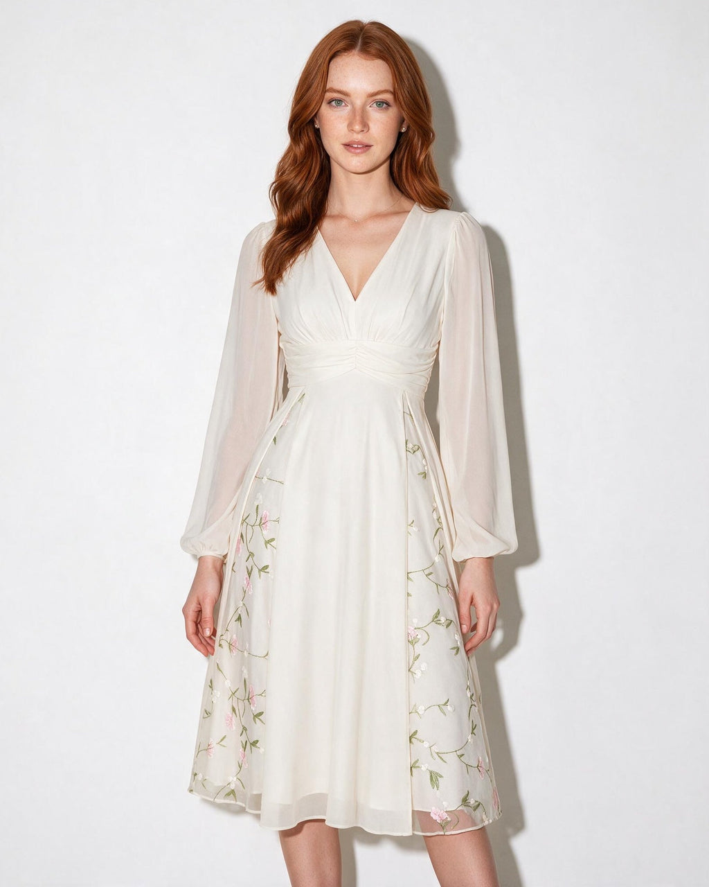 Floral embroidered long-sleeve midi dress in White