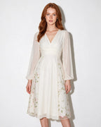 Floral embroidered long-sleeve midi dress in White
