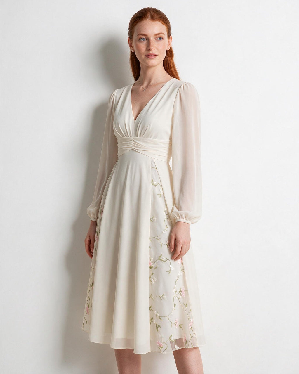 Floral embroidered long-sleeve midi dress, detail view 2