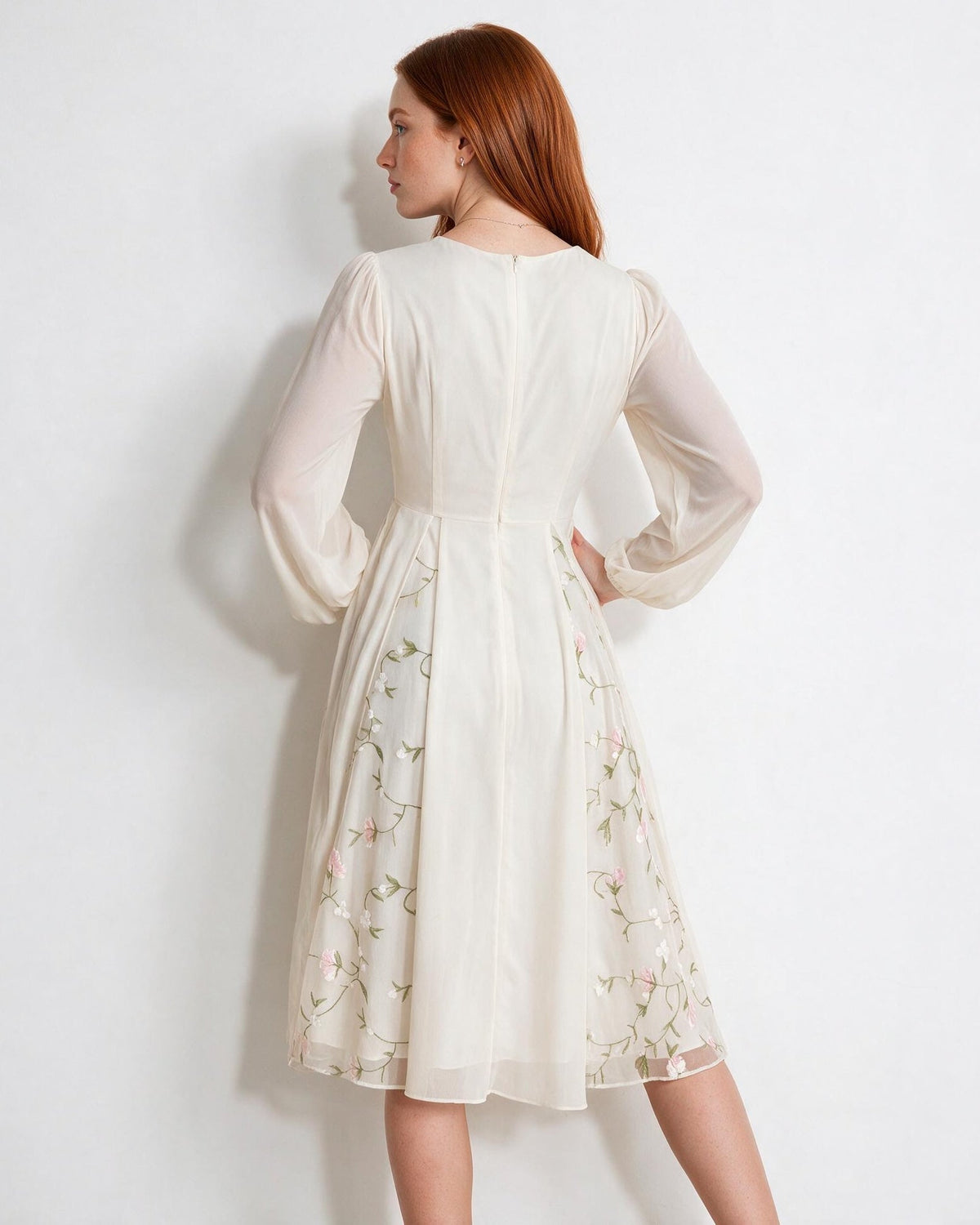 Floral embroidered long-sleeve midi dress, detail view 1