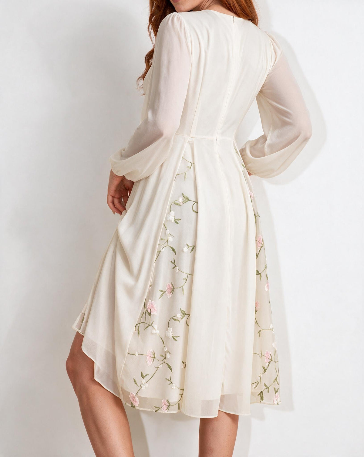 Floral embroidered long-sleeve midi dress, detail view 4