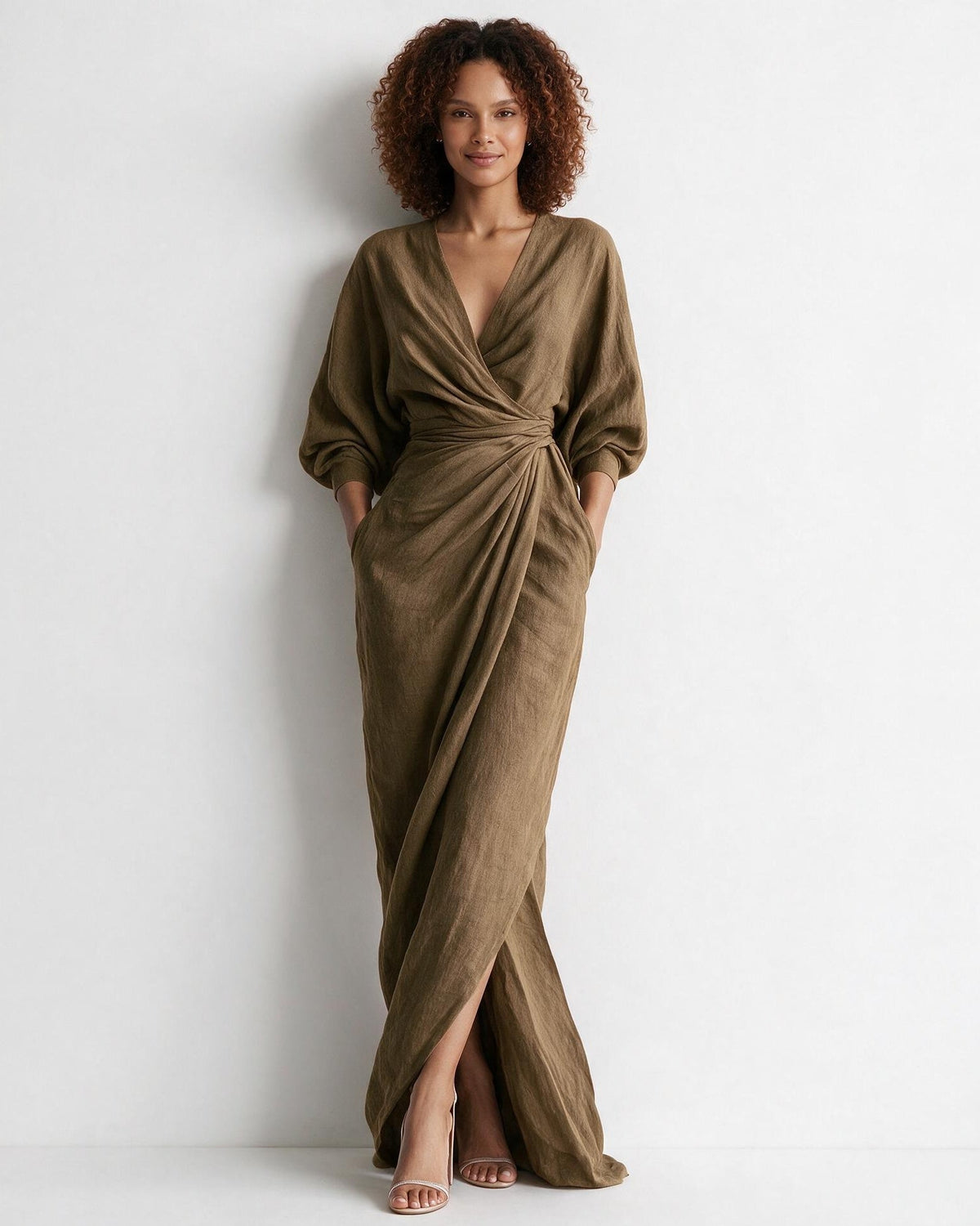Twist-front wrap maxi dress in Mocha Brown