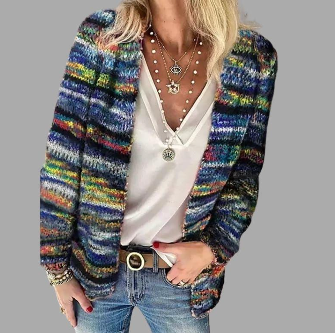 Flerfarvet Stribet Cardigan til Damer – set bagfra