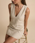 Cotton linen V-neck mini dress, detail view 3