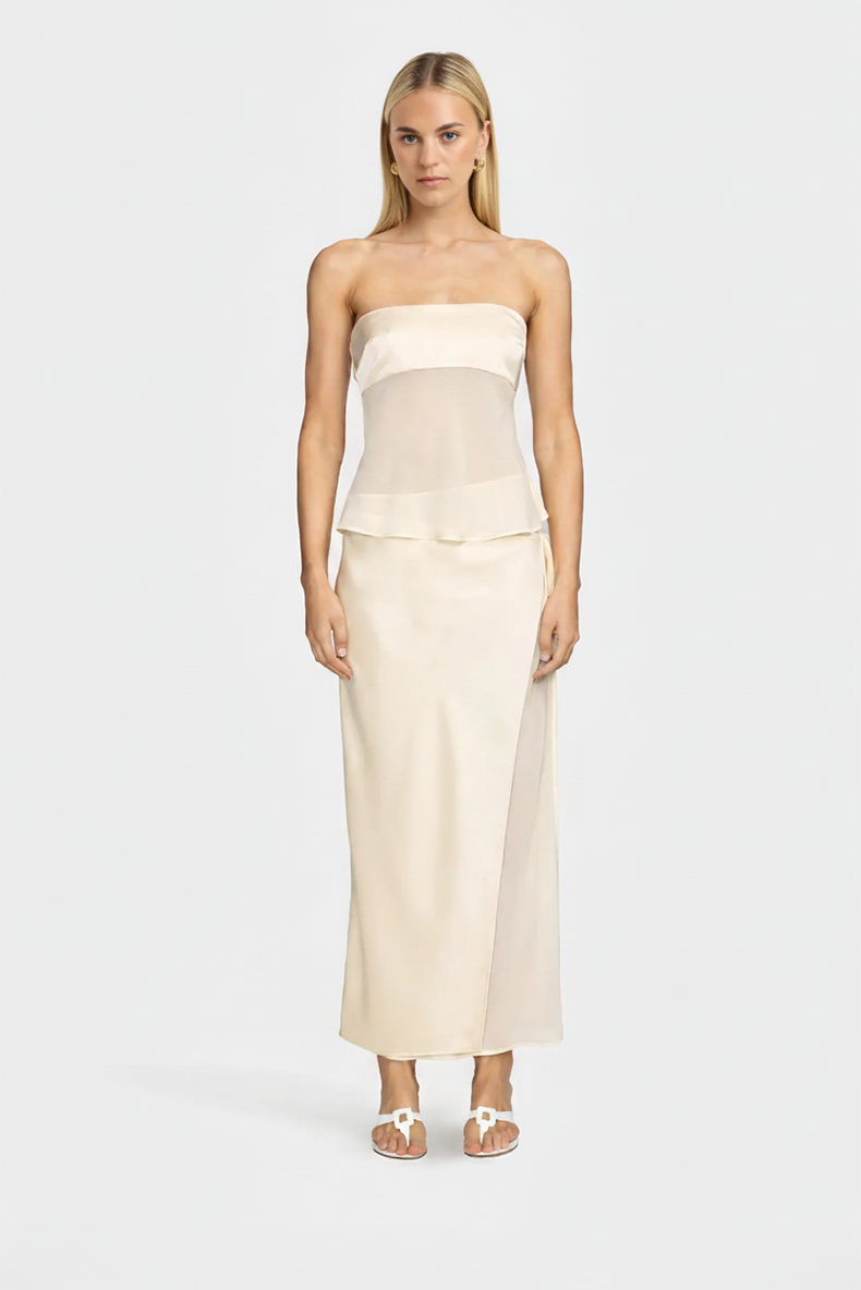 Ivory strapless sheer overlay maxi dress