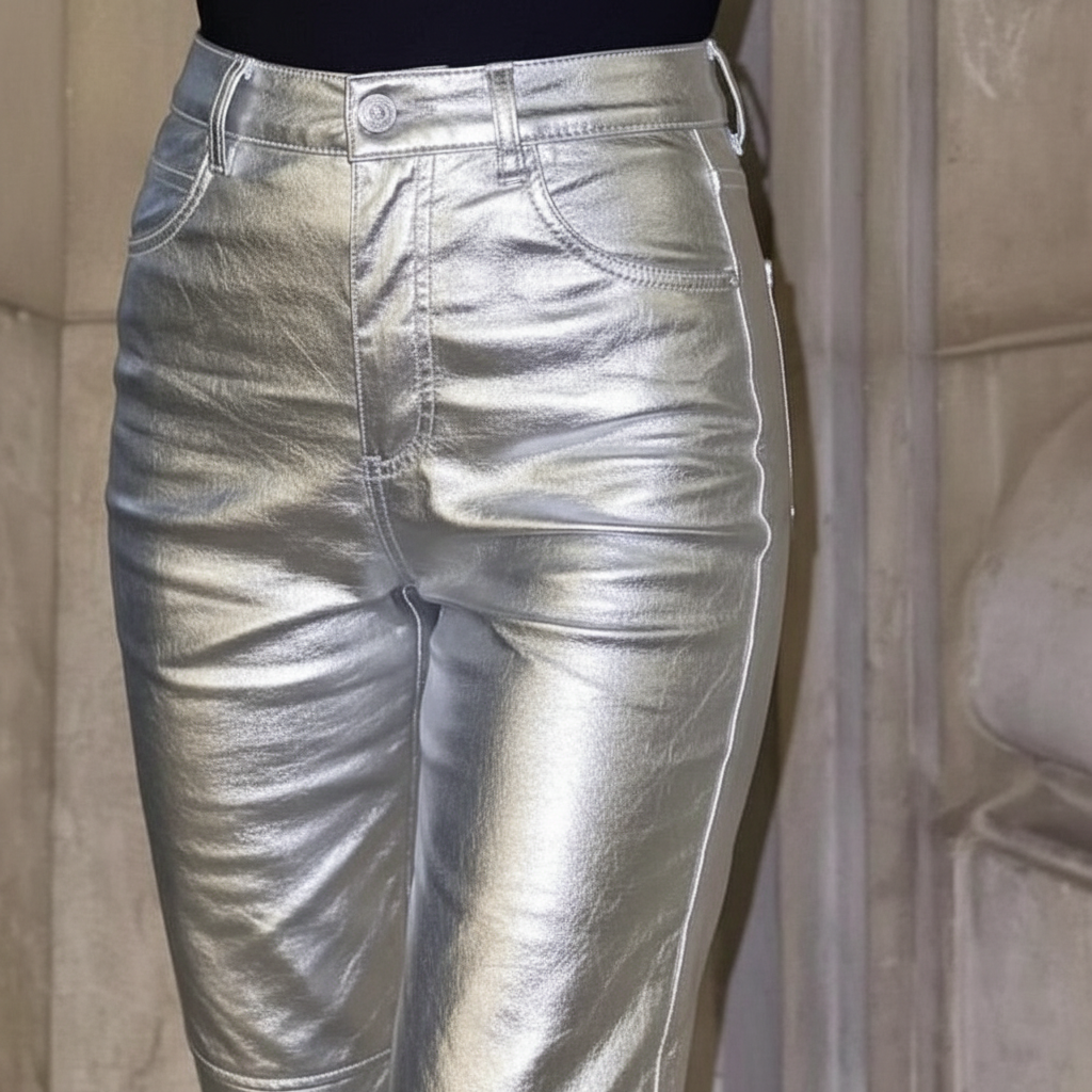 Hannah højtaljede bukser i metallook til damer, detaljebillede