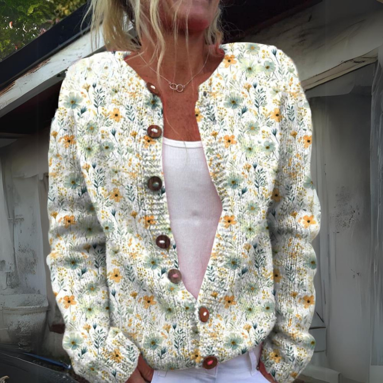 Afslappet Blomstret Cardigan med Knaplukning til Damer