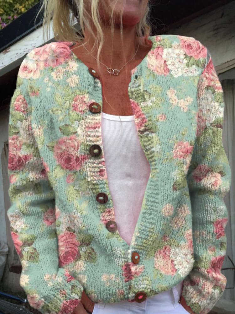 Afslappet Blomstret Cardigan med Knaplukning til Damer – detalje 5