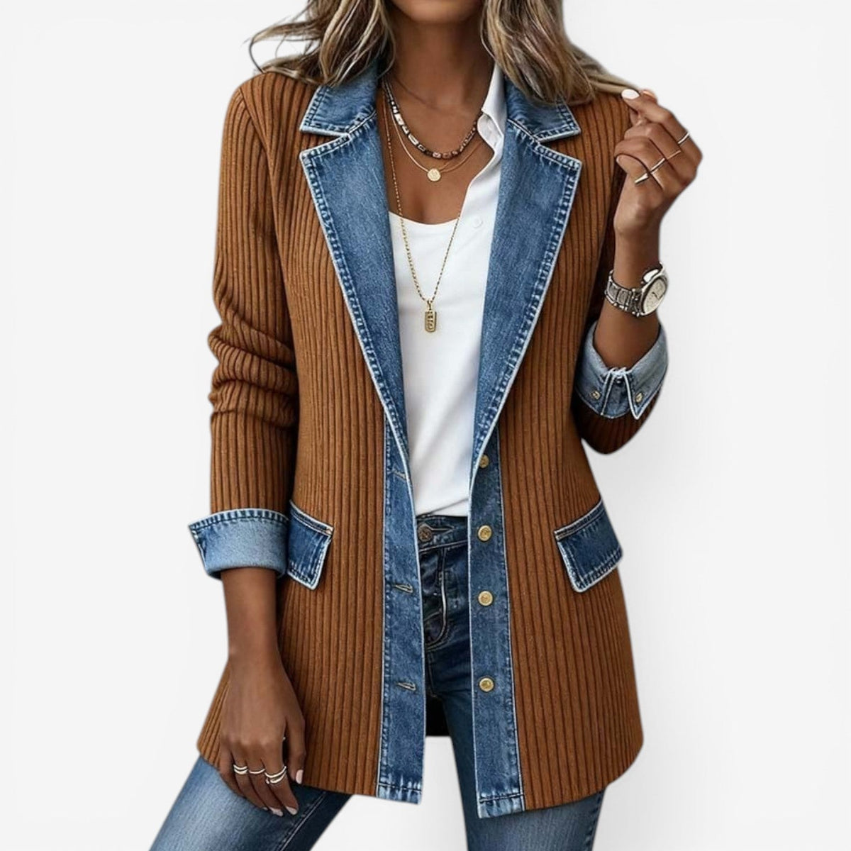 Strikjakke med denimdetaljer, båret over top