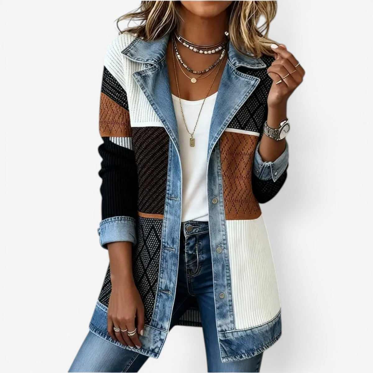 Strikjakke med denimdetaljer, detalje af denim-inspirerede accenter