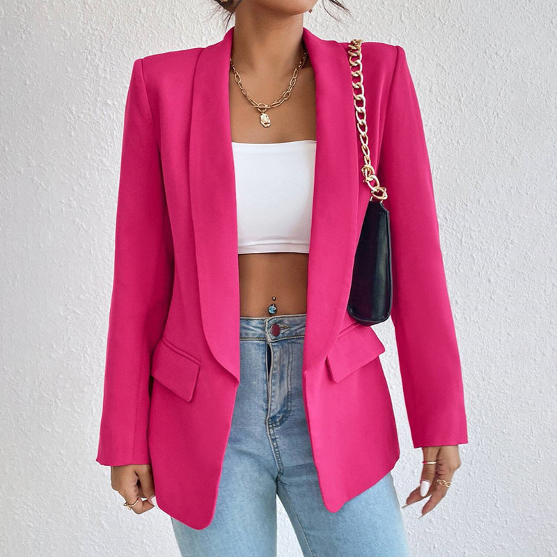 Blazer med Sjalskrave og Et-Knaps Lukning i farven Pink, set bagfra