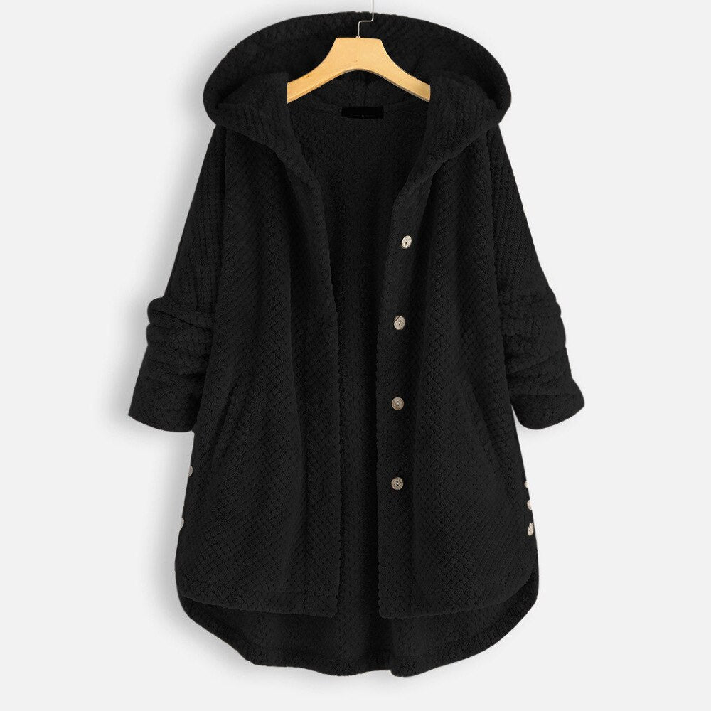 Oversized teddy jakke med hætte til damer i sort, styled look