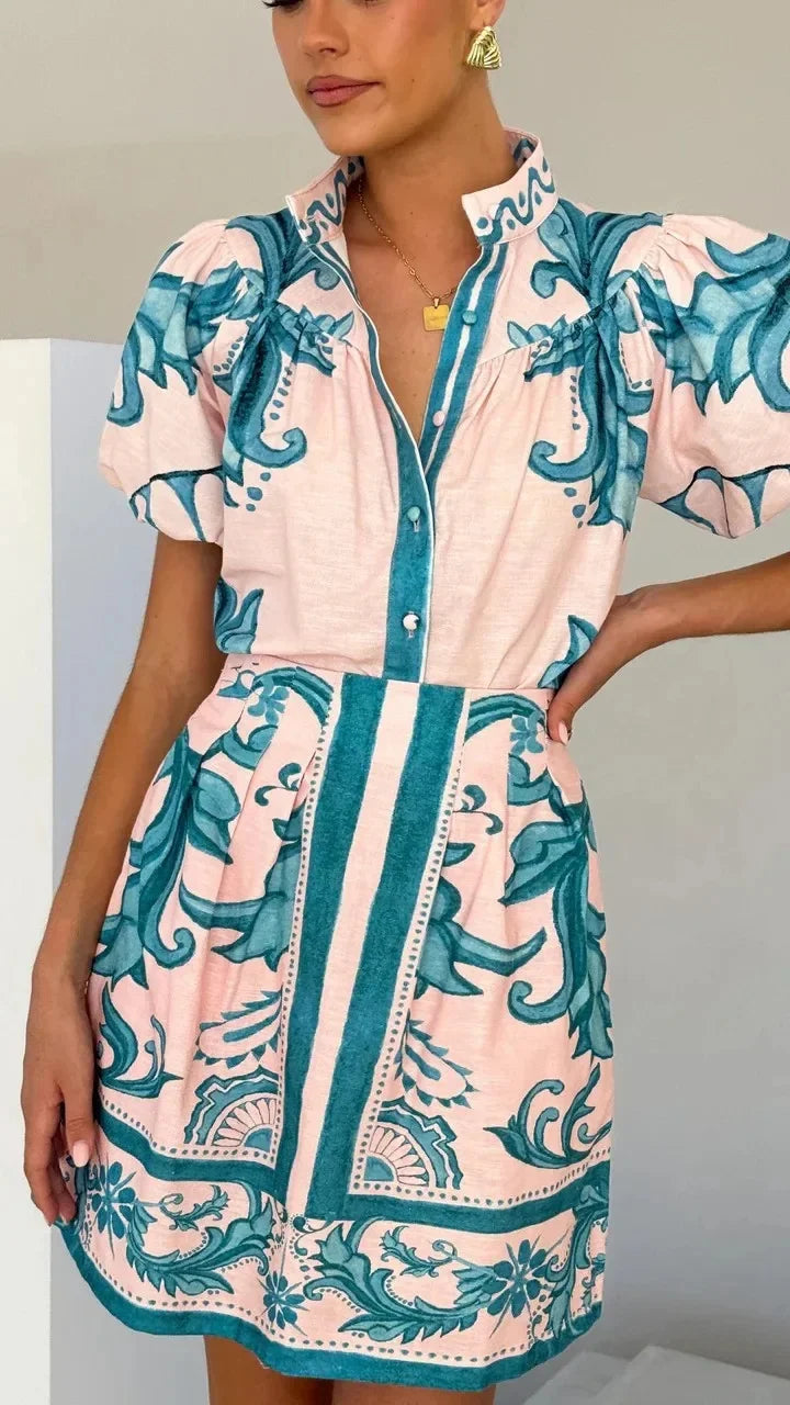 Floral linen blend puff sleeve two-piece set, detail view 34