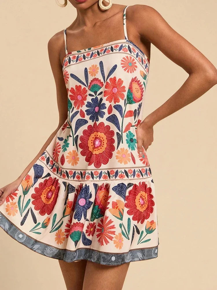 Floral cotton-linen flared dress in Orange