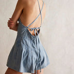 Plunge neck denim romper, detail view 1