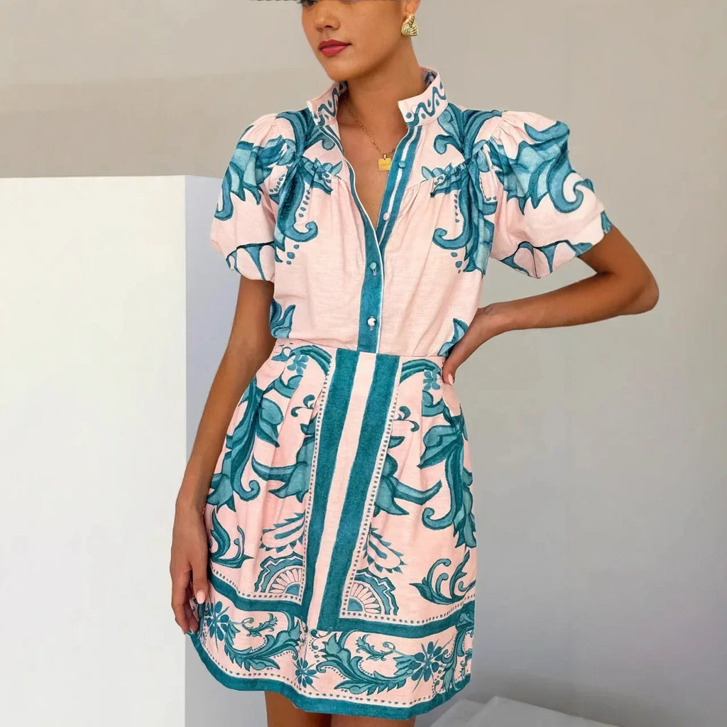 Floral linen blend puff sleeve two-piece set, detail view 10