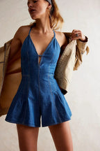 Plunge neck denim romper, detail view 6