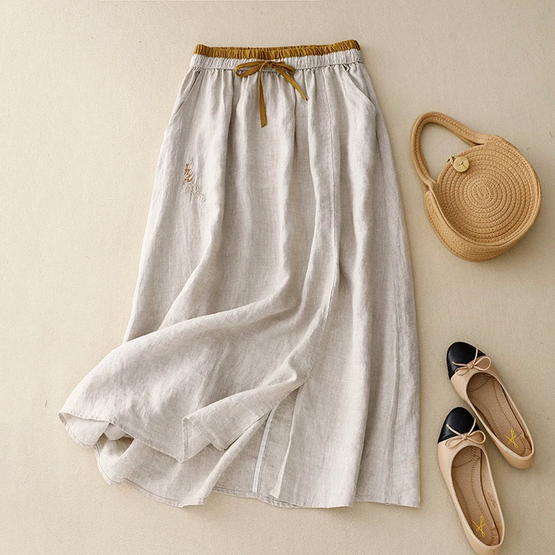 Embroidered linen A-line skirt, detail view 16