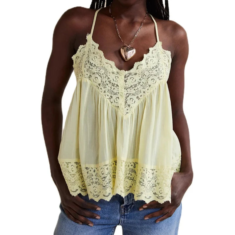 Sheer lace-trim cotton cami in Yellow