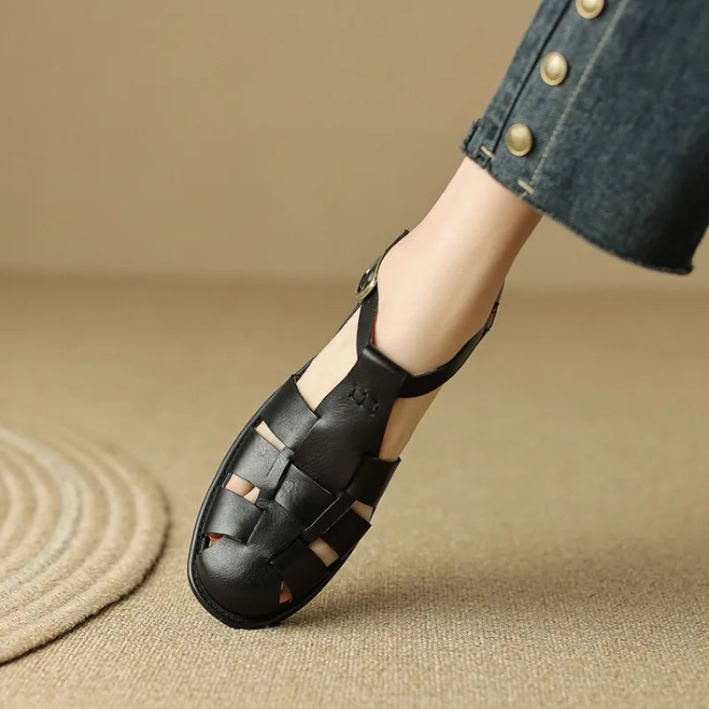 Handwoven leather T-strap sandal, detail view 6