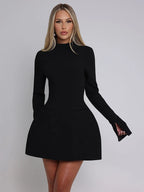High neck long sleeve A-line mini dress, detail view 7