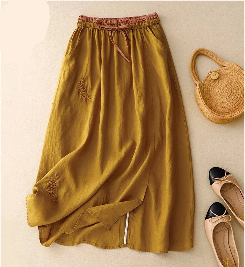 Embroidered linen A-line skirt, detail view 18