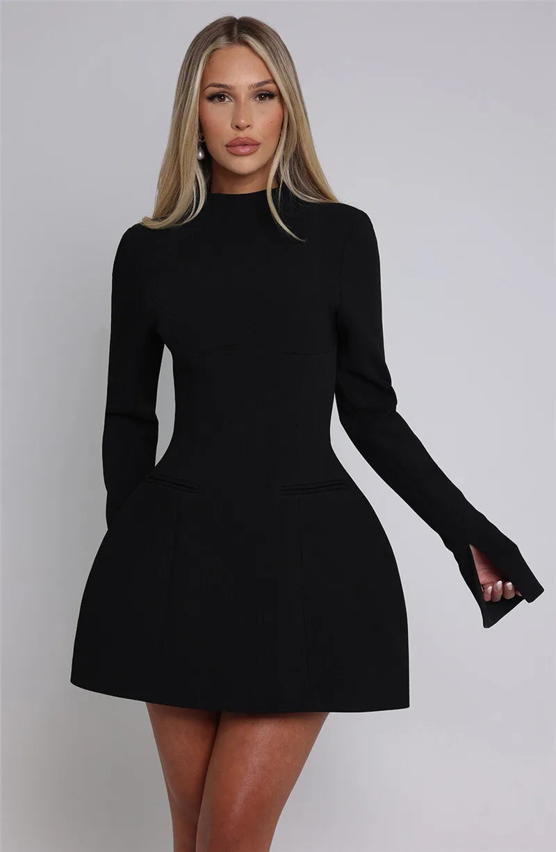 High neck long sleeve A-line mini dress, detail view 14