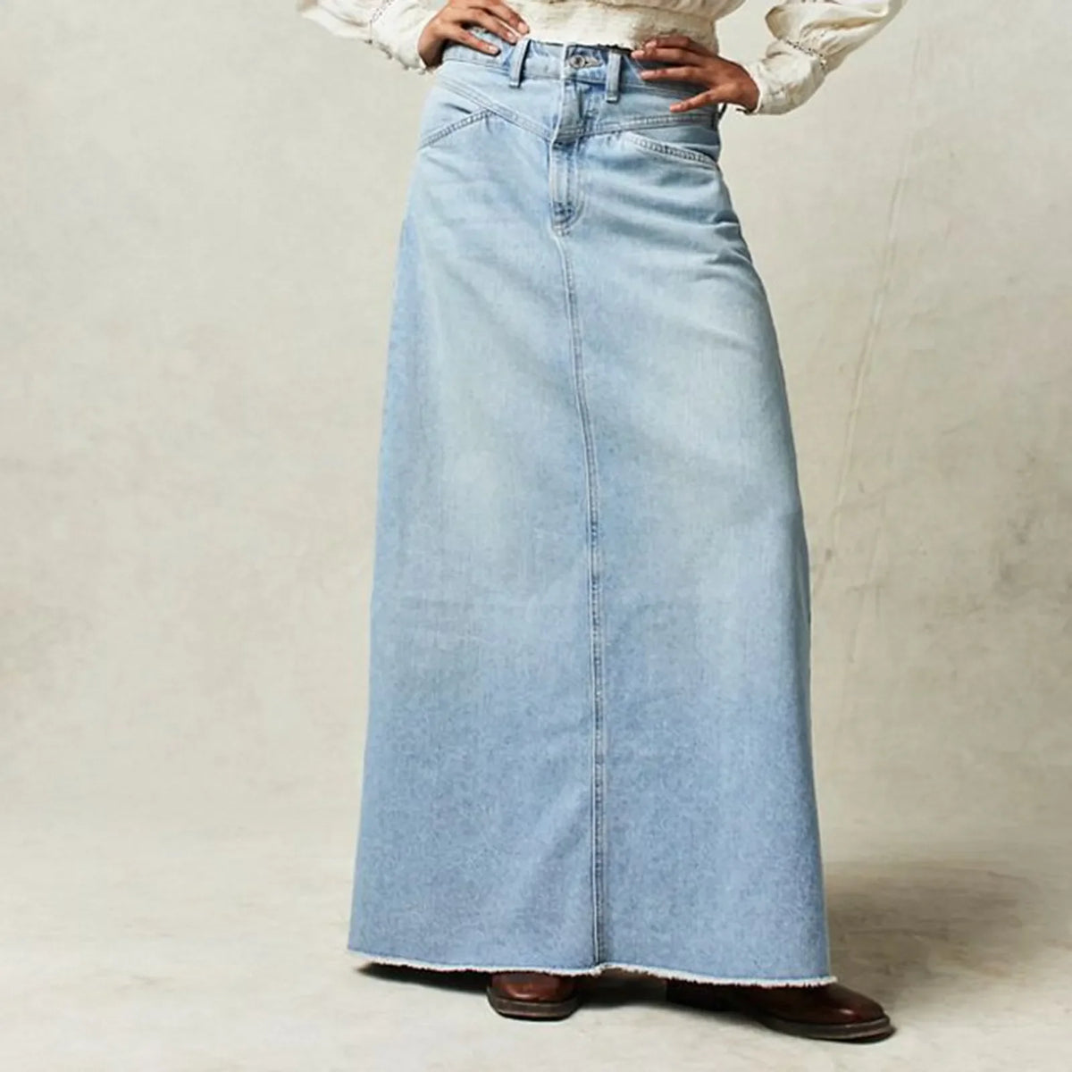 Vintage A-line denim maxi skirt, detail view 5