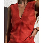 Cotton linen V-neck mini dress, detail view 12