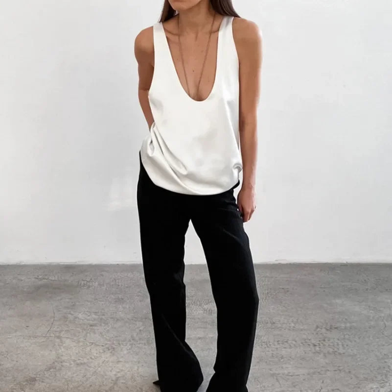 Draped U-neck satin tank top, detail view 13
