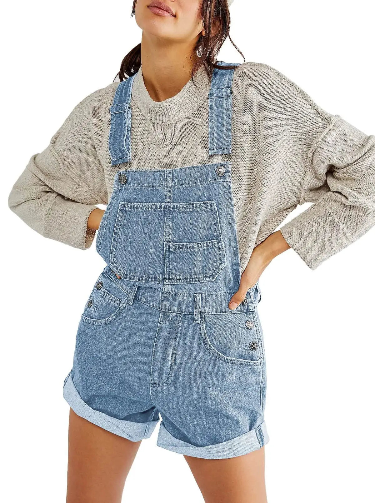 Vintage denim overall shorts in Sky Blue