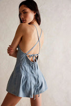 Plunge neck denim romper, detail view 4