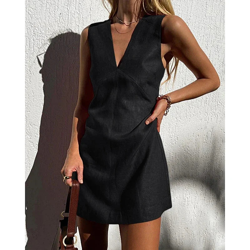 Cotton linen V-neck mini dress, detail view 13