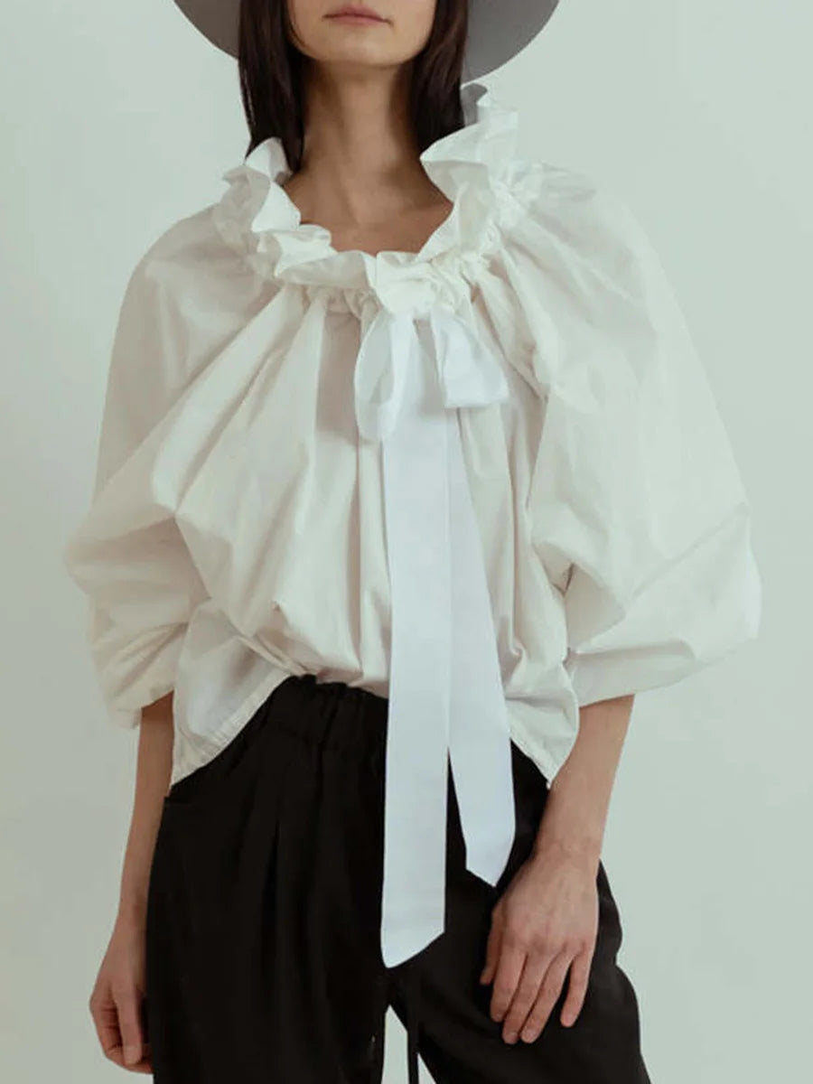 Ruffle collar bow tie blouse, detail view 11