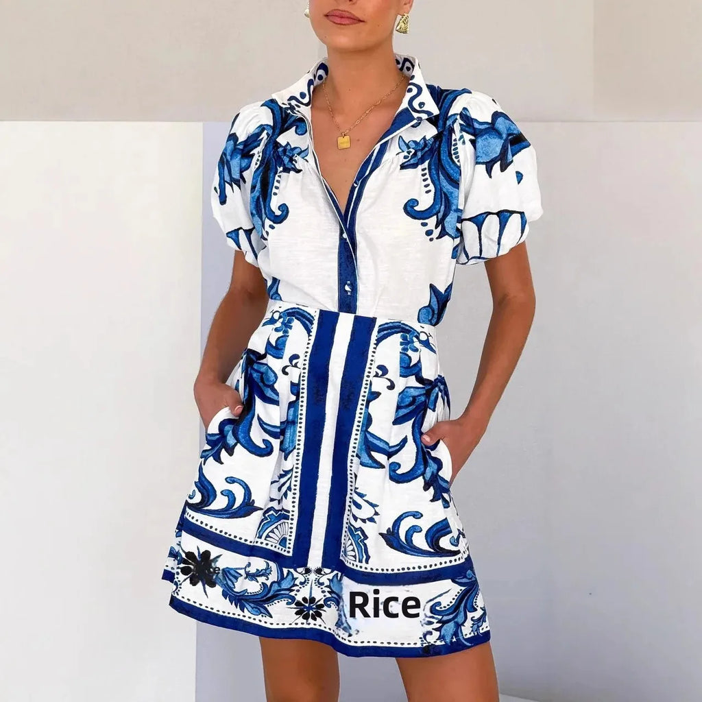 Floral linen blend puff sleeve two-piece set, detail view 9