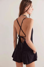 Plunge neck denim romper, detail view 12