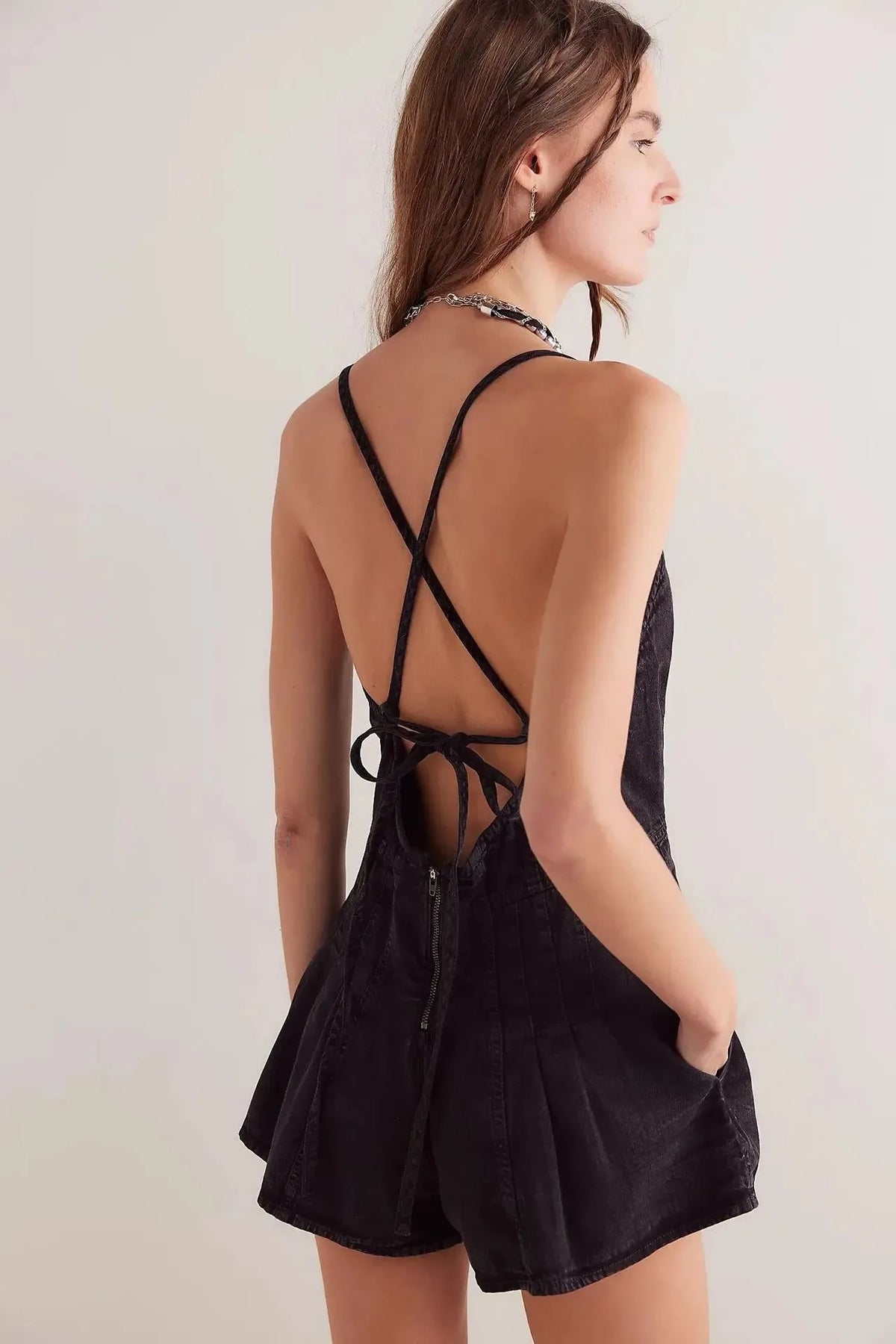 Plunge neck denim romper, detail view 12