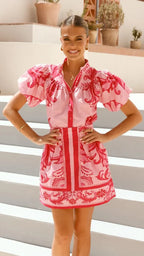 Floral linen blend puff sleeve two-piece set, detail view 15