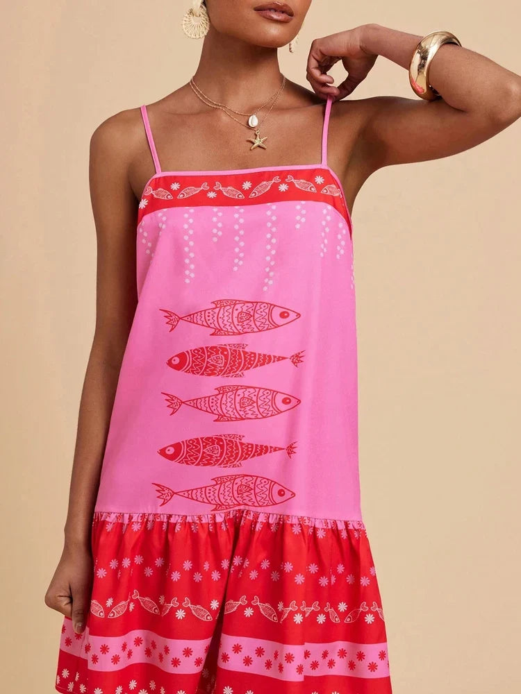 Floral cotton-linen flared dress in Hot Pink