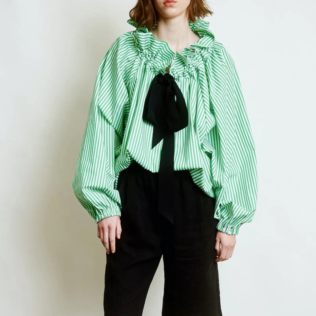Ruffle collar bow tie blouse in Lime