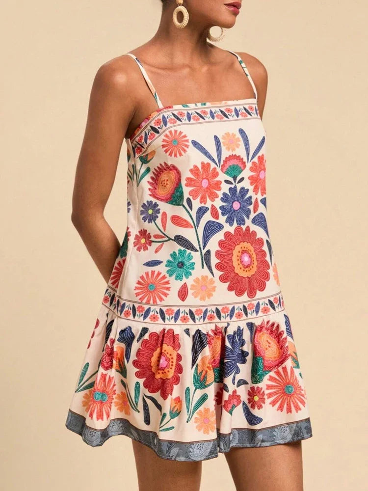 Floral cotton-linen flared dress, detail view 1