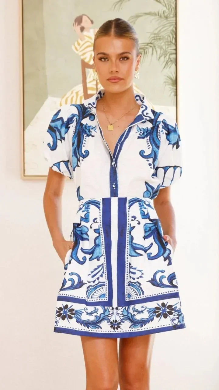 Floral linen blend puff sleeve two-piece set, detail view 20