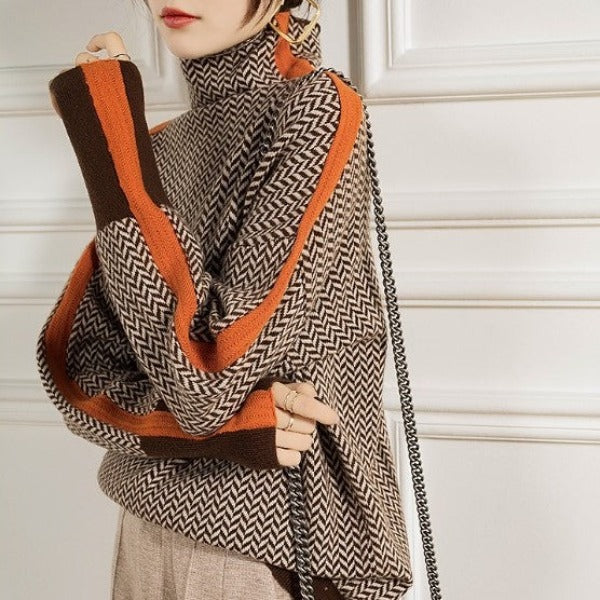 Rullekravesweater med Farveblok-Detalje, closeup af stoffet og syningen