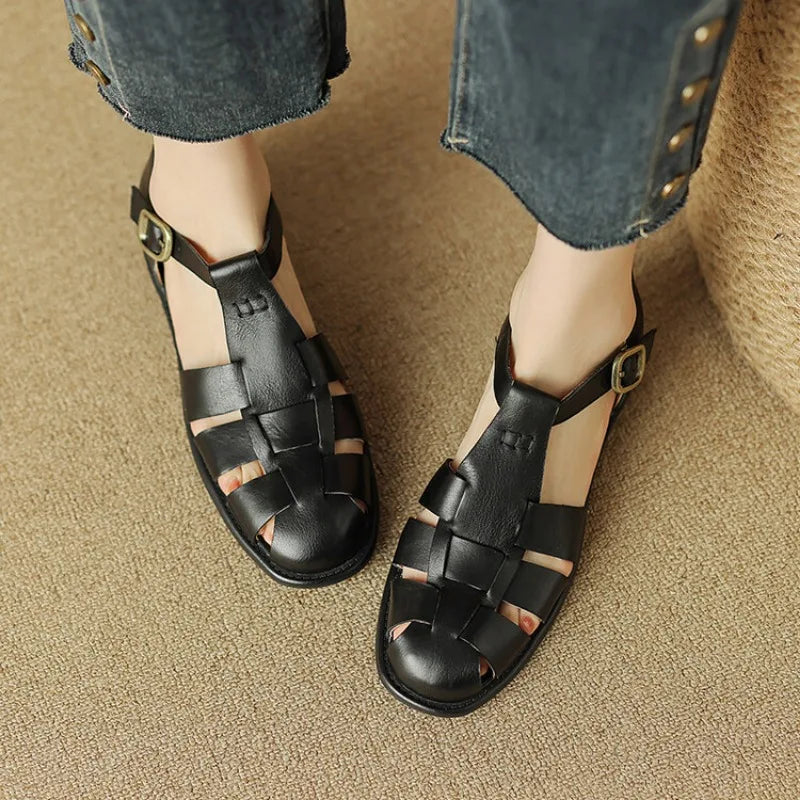Handwoven leather T-strap sandal, detail view 4