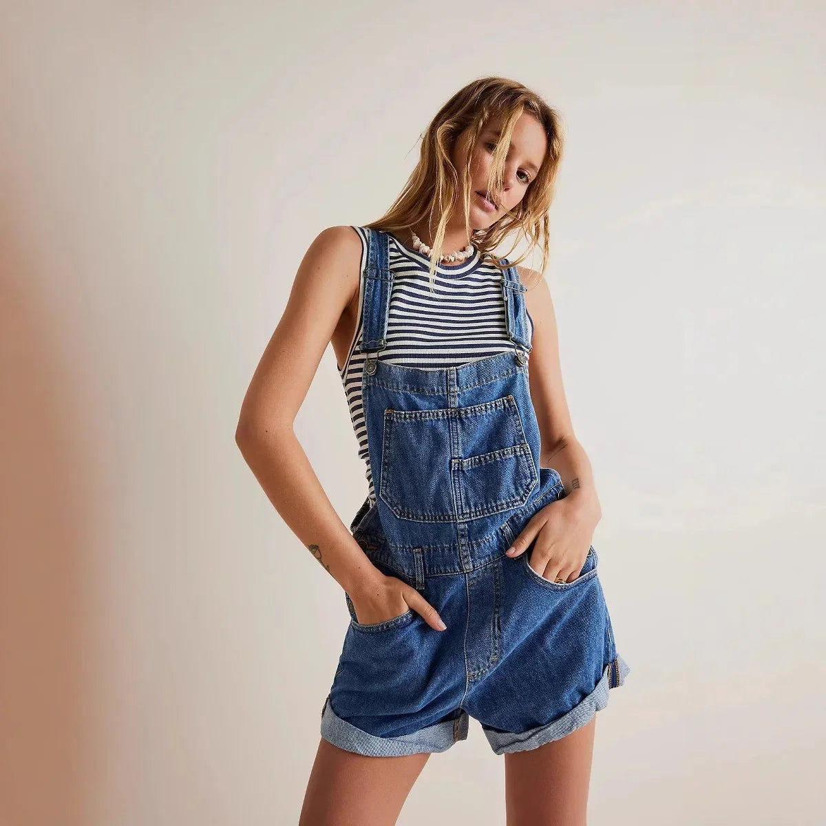 Vintage denim overall shorts in Blue