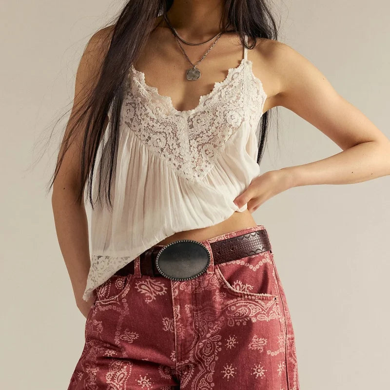 Sheer lace-trim cotton cami, detail view 12